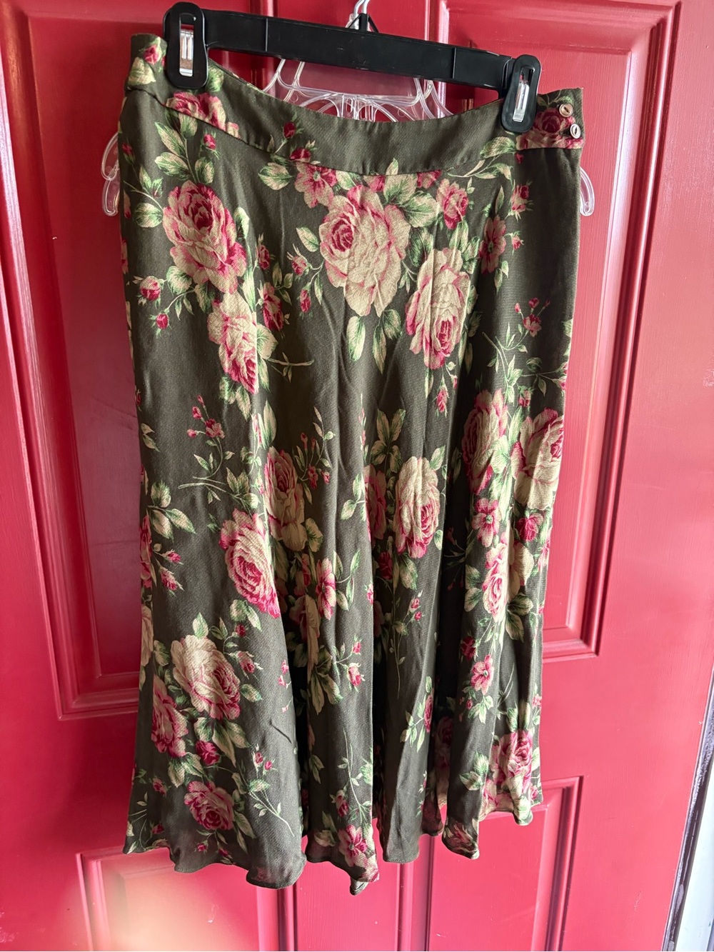 Jones New York Olive A-Line Skirt with Pink Rose Print